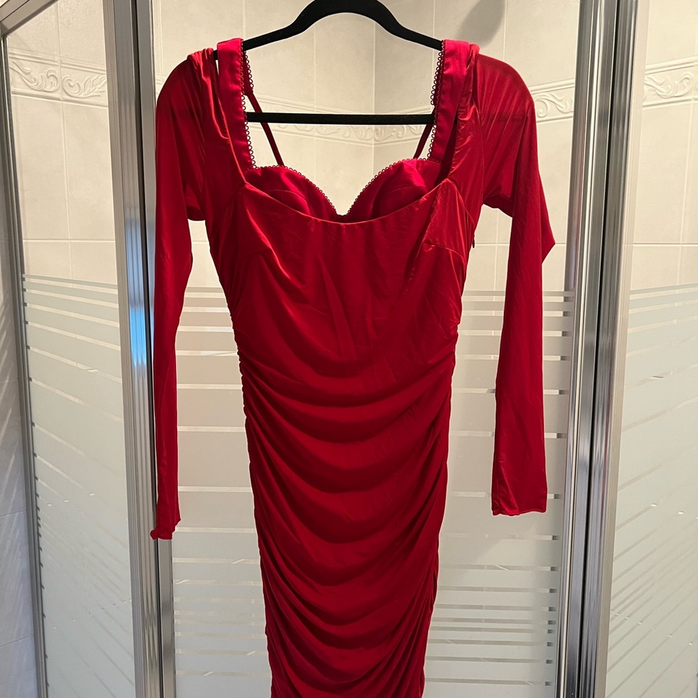 Oh Polly Red Sweetheart Long Sleeve Bodycon Dress - Picture 11 of 12